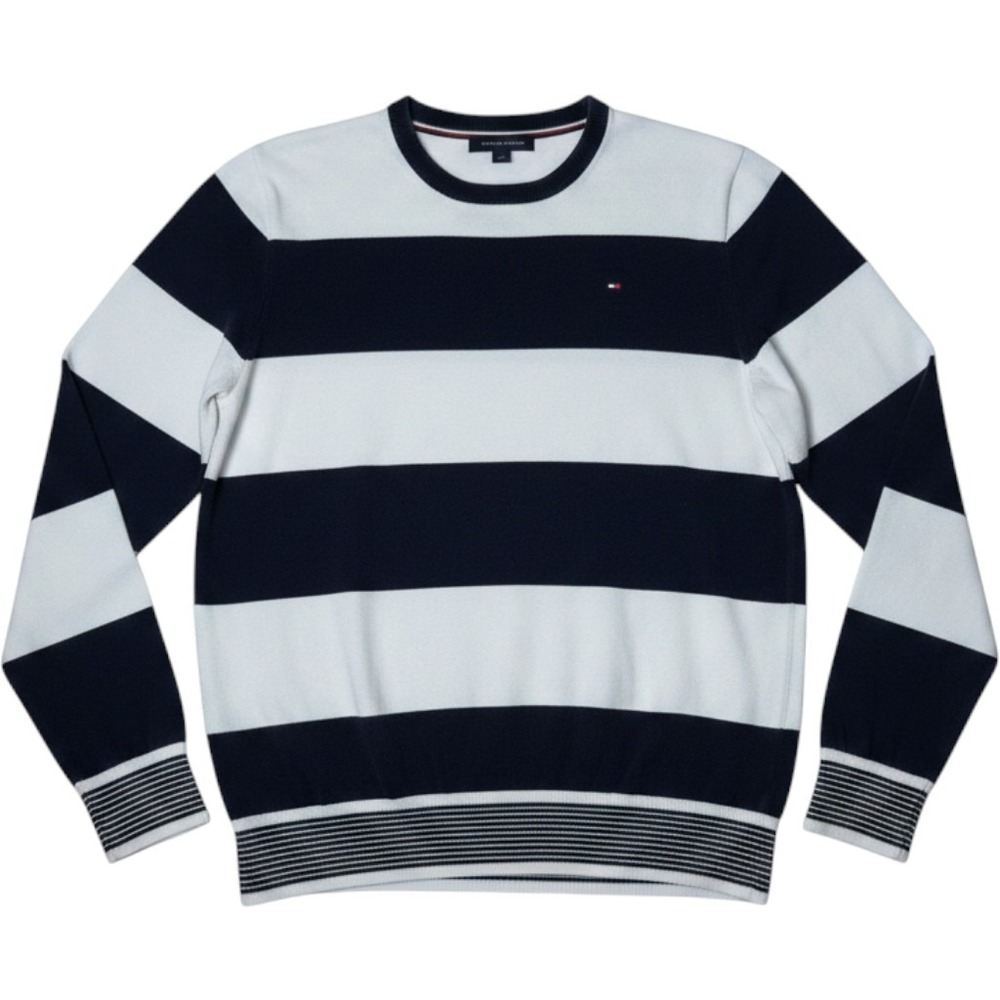 Tommy Hilfiger Mens Navy White Striped Cotton Crewneck Sweater Large